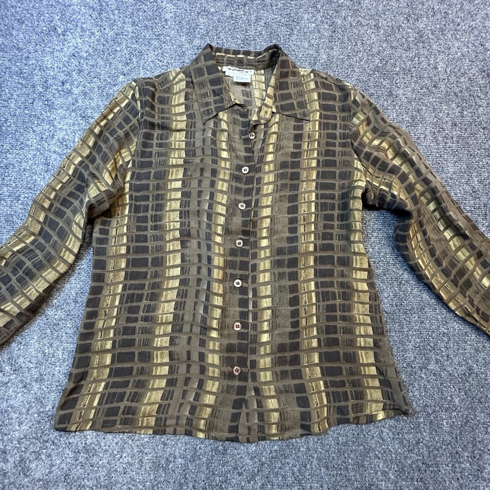 100% Silk Y2K Button Up Blouse Green Brown Geometric Stripe Women’s Shirt Top M